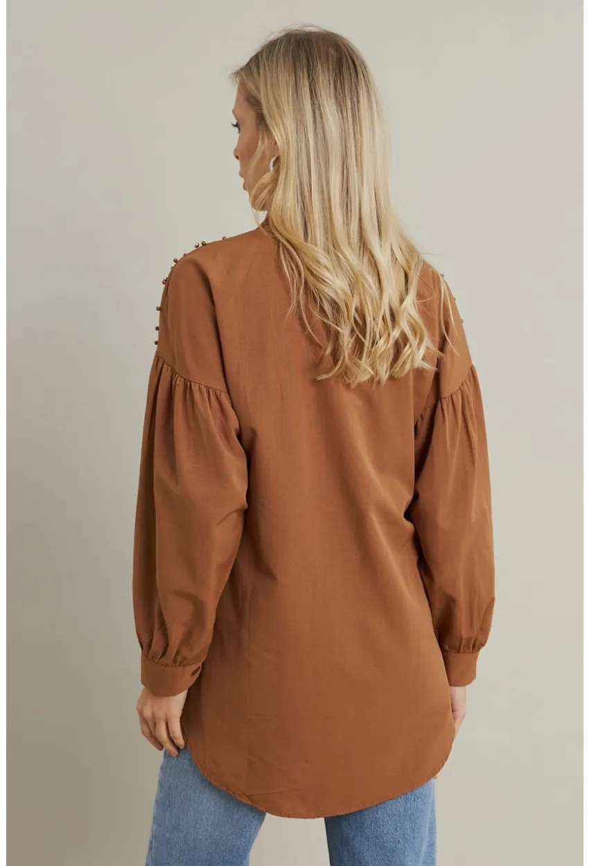 Kadın Camel İncili Balon Kol Gömlek MASF16