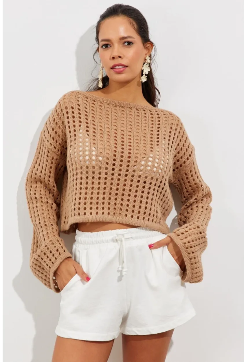 Kadın Camel İspanyol Kol Ajurlu Triko Kısa Bluz SMT181