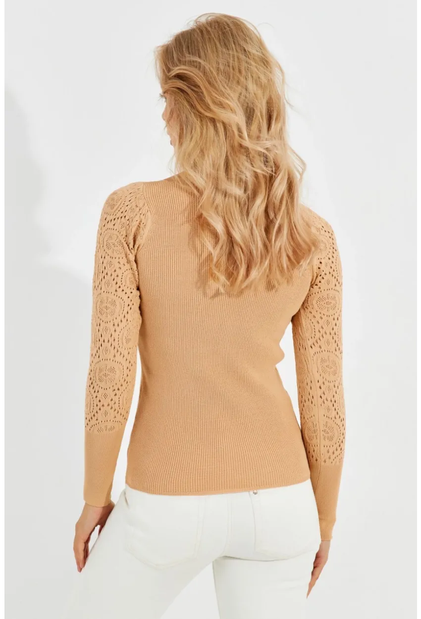 Kadın Camel Kalp Yaka Ajurlu Triko Bluz SMT217