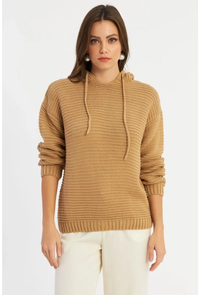 Kadın Camel Kapüşonlu Triko Bluz SMT2419