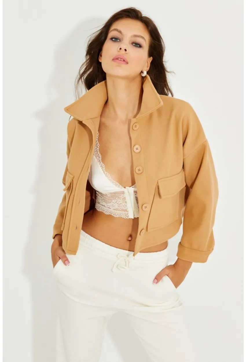 Kadın Camel Kaşe Cepli Kısa Ceket PP2444