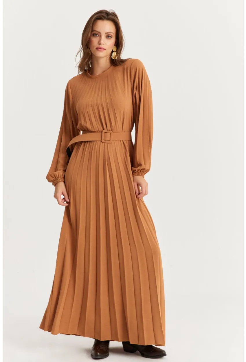 Kadın Camel Kemerli Plili Maxi Elbise ALZ500