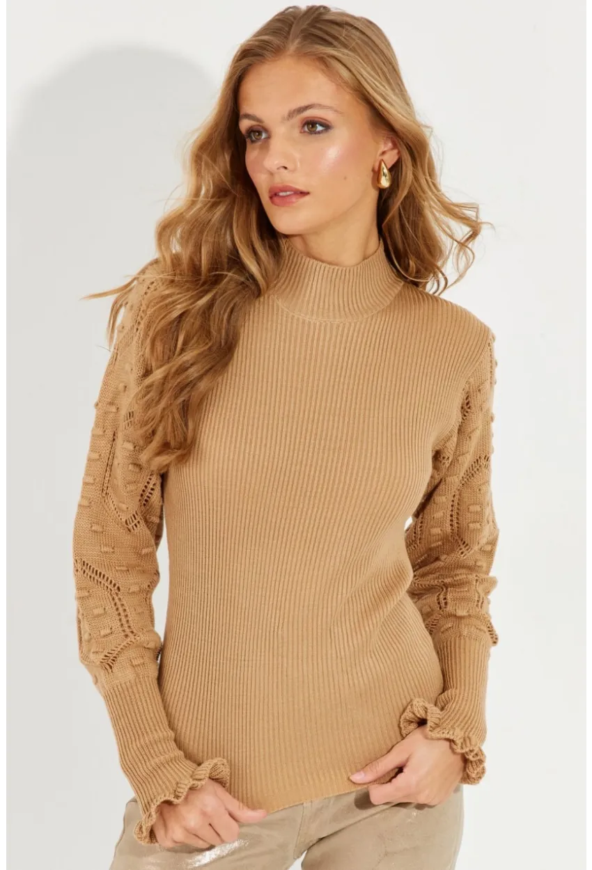 Kadın Camel Kolları Ajurlu Triko Bluz SMT218