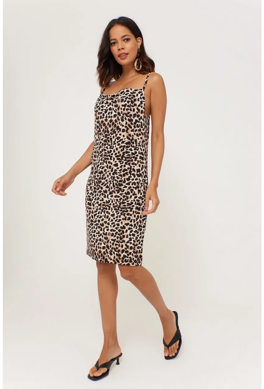 Kadın Camel Leopar Desenli Degaje Yaka Elbise LPP1130