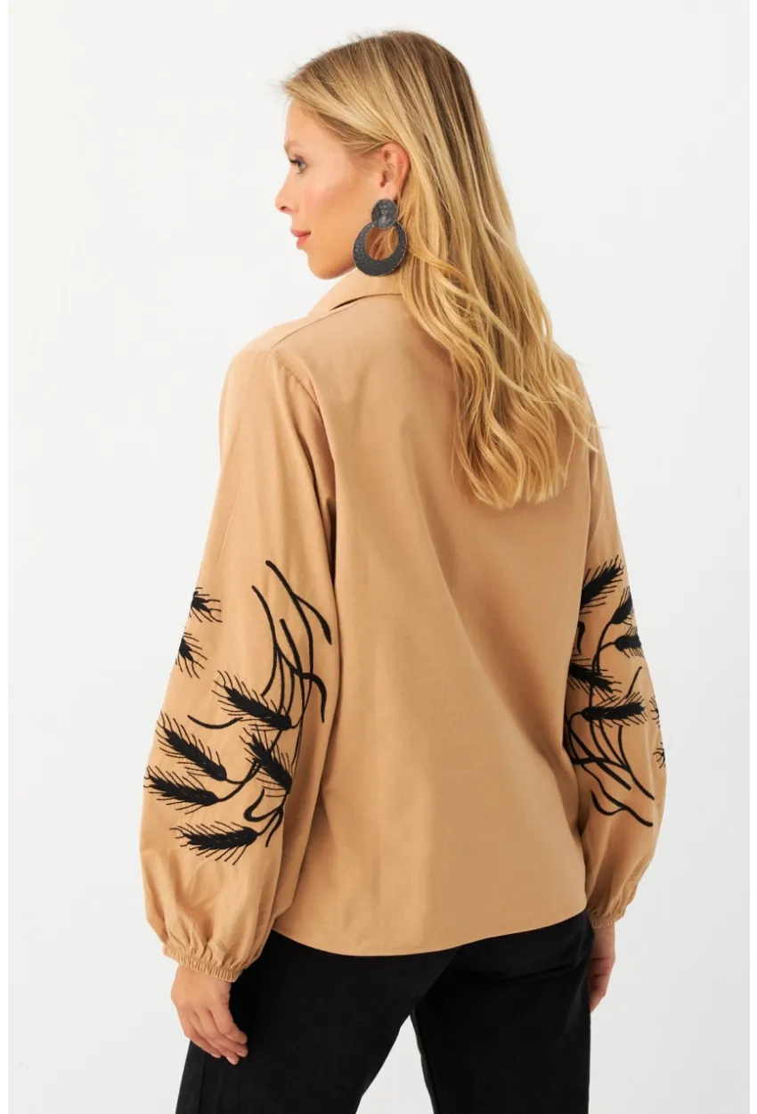 Kadın Camel Nakışlı Balon Kol Gömlek MQS5603