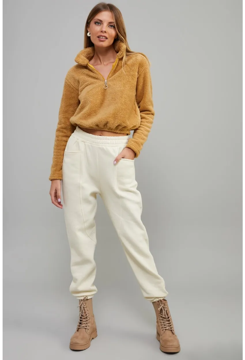 Kadın Camel Önü Fermuarlı Crop Peluş Sweatshirt DA85