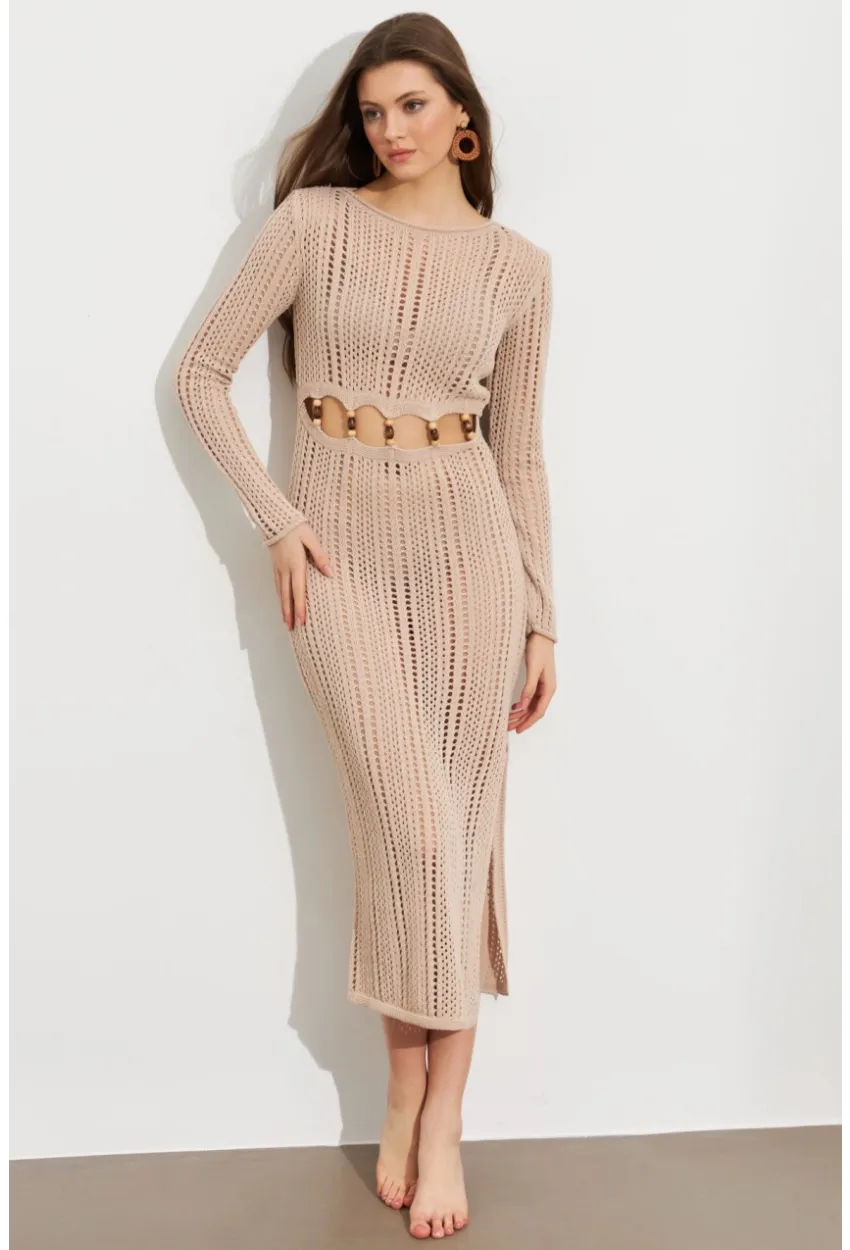 Kadın Camel Önü Pencereli Ajurlu Plaj Elbisesi KZ545