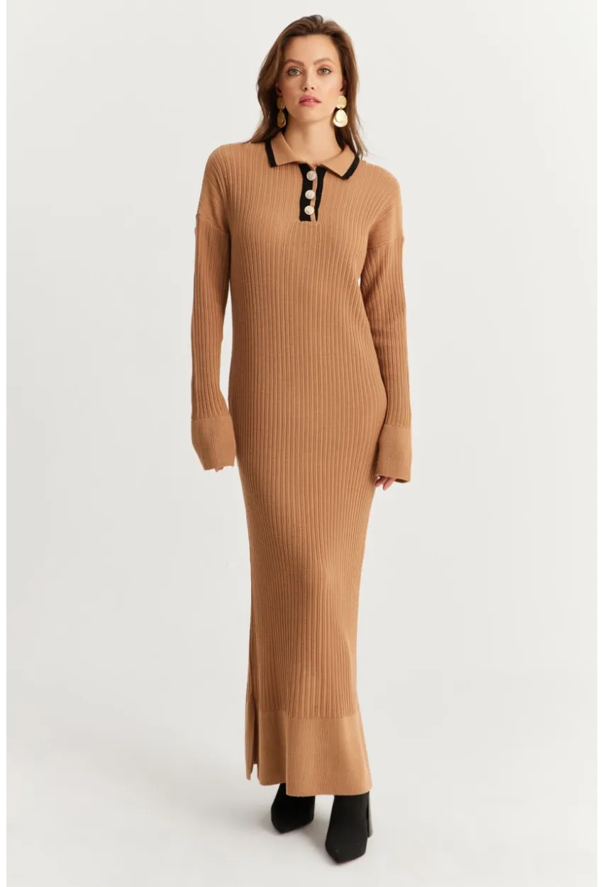 Kadın Camel Polo Yaka Triko Maxi Elbise MNUV17