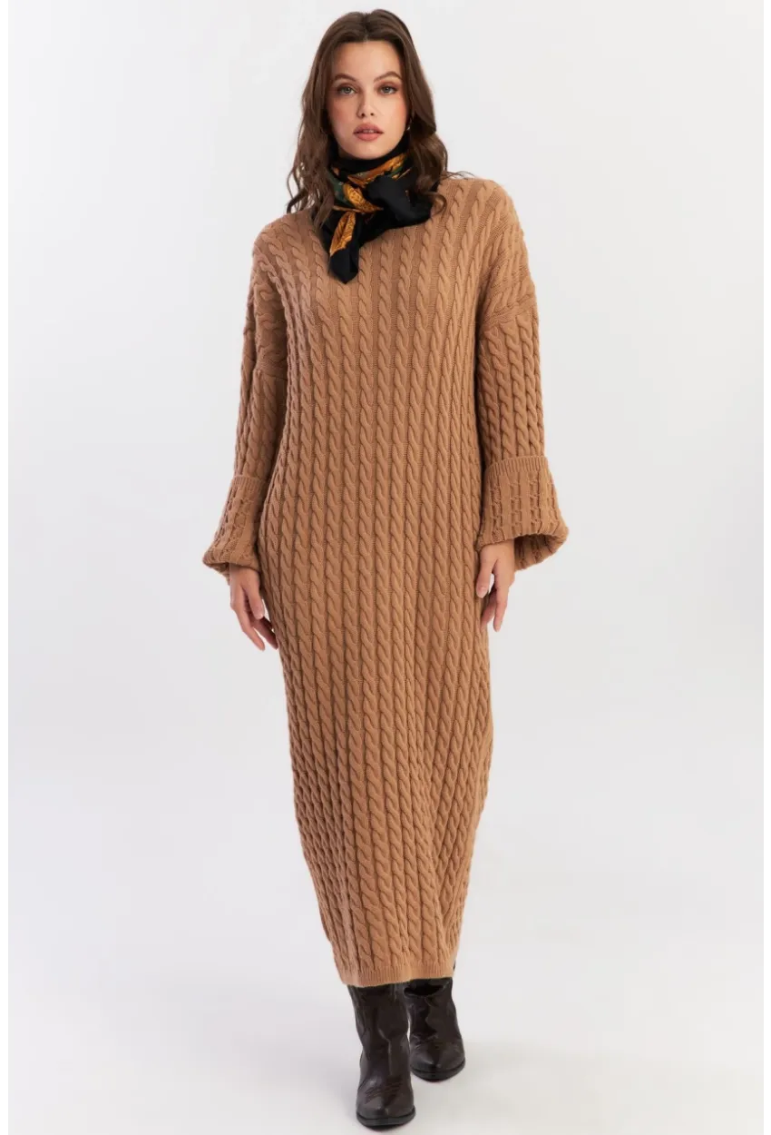 Kadın Camel Saç Örgülü Triko Midi Elbise KZ541