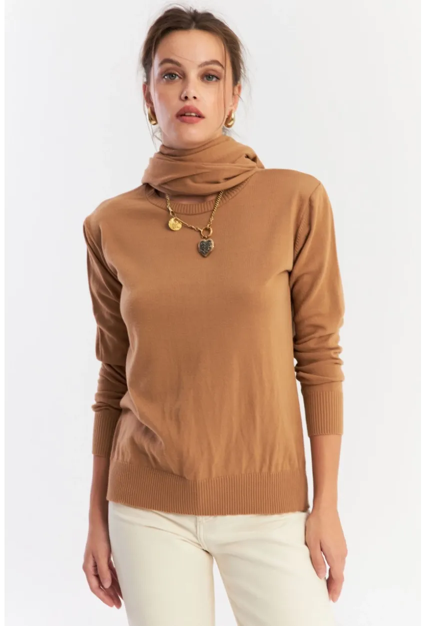 Kadın Camel Şal Aksesuarlı Triko Bluz YV286