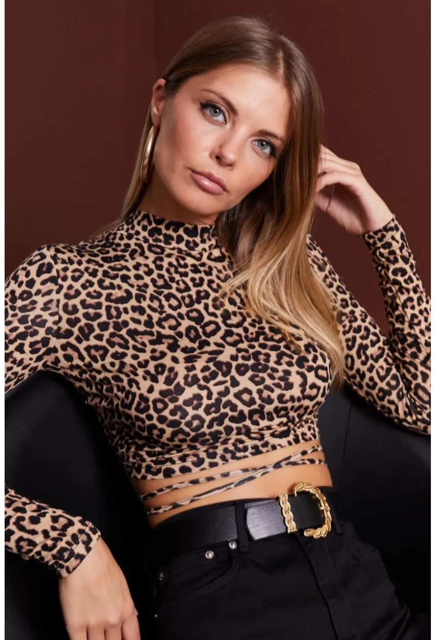 Kadın Camel Sırt Dekolteli Leopar Desenli Crop Bluz LPP1131
