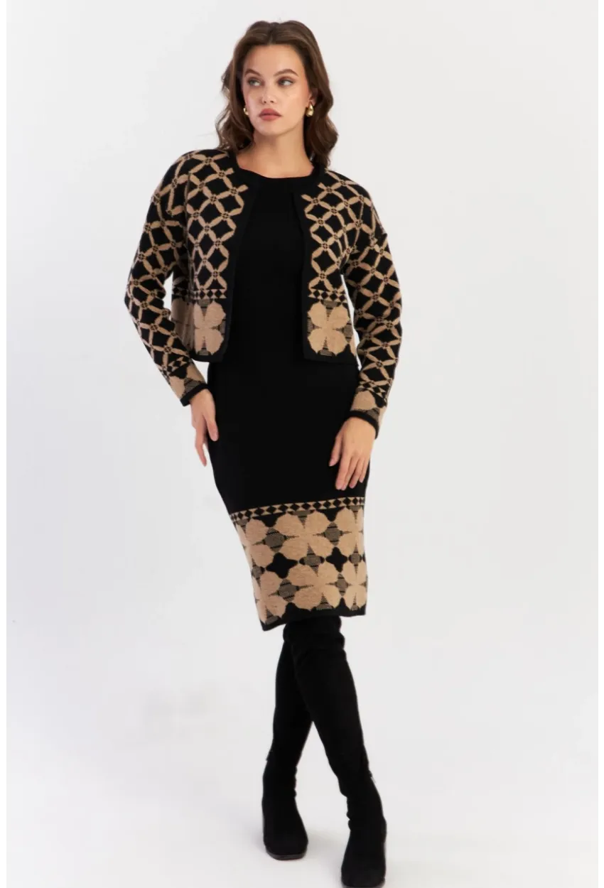 Kadın Camel-Siyah Alt Üst Triko Desenli Takım NUV2028