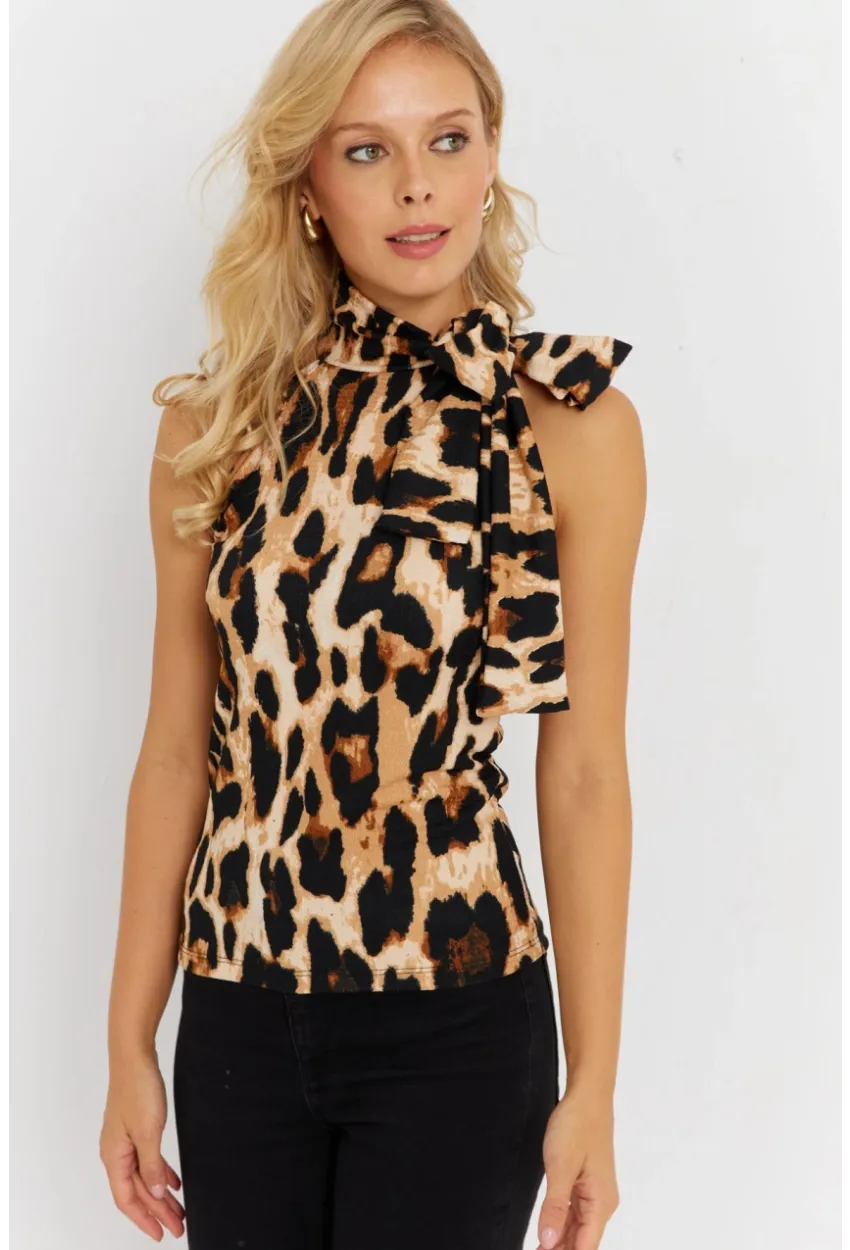 Kadın Camel-Siyah Boyun Bağlamalı Leopar Desenli Bluz EY2890