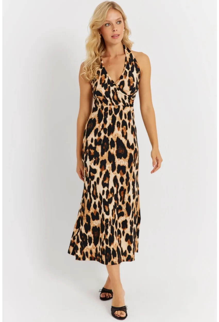 Kadın Camel-Siyah Boyun Bağlamalı Leopar Desenli Midi Elbise EY2897