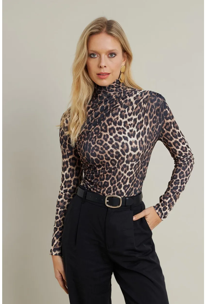 Kadın Camel-Siyah Büzgülü Desenli Bluz MDMR358-1