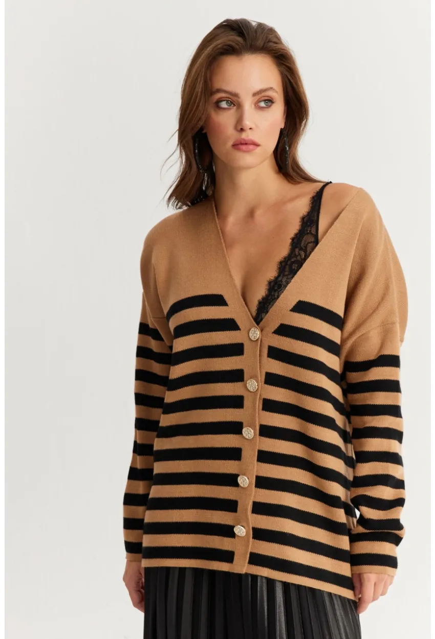 Kadın Camel-Siyah Çizgili Triko Hırka CNG3