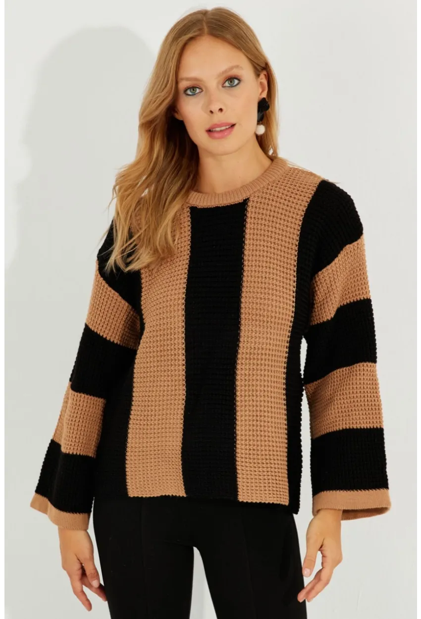 Kadın Camel-Siyah Çizgili Triko Kazak SF2507
