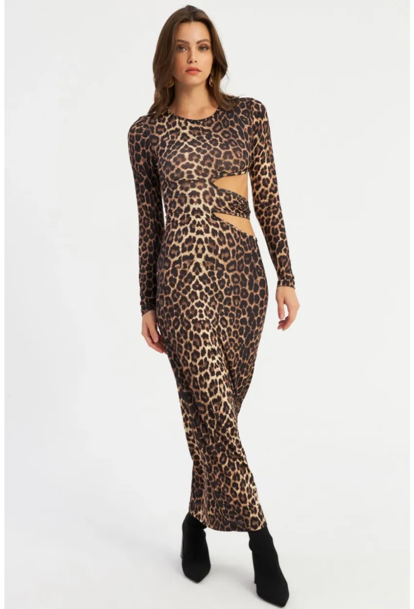 Kadın Camel-Siyah Dekolteli Leopar Maxi Yılbaşı Elbise LİK9