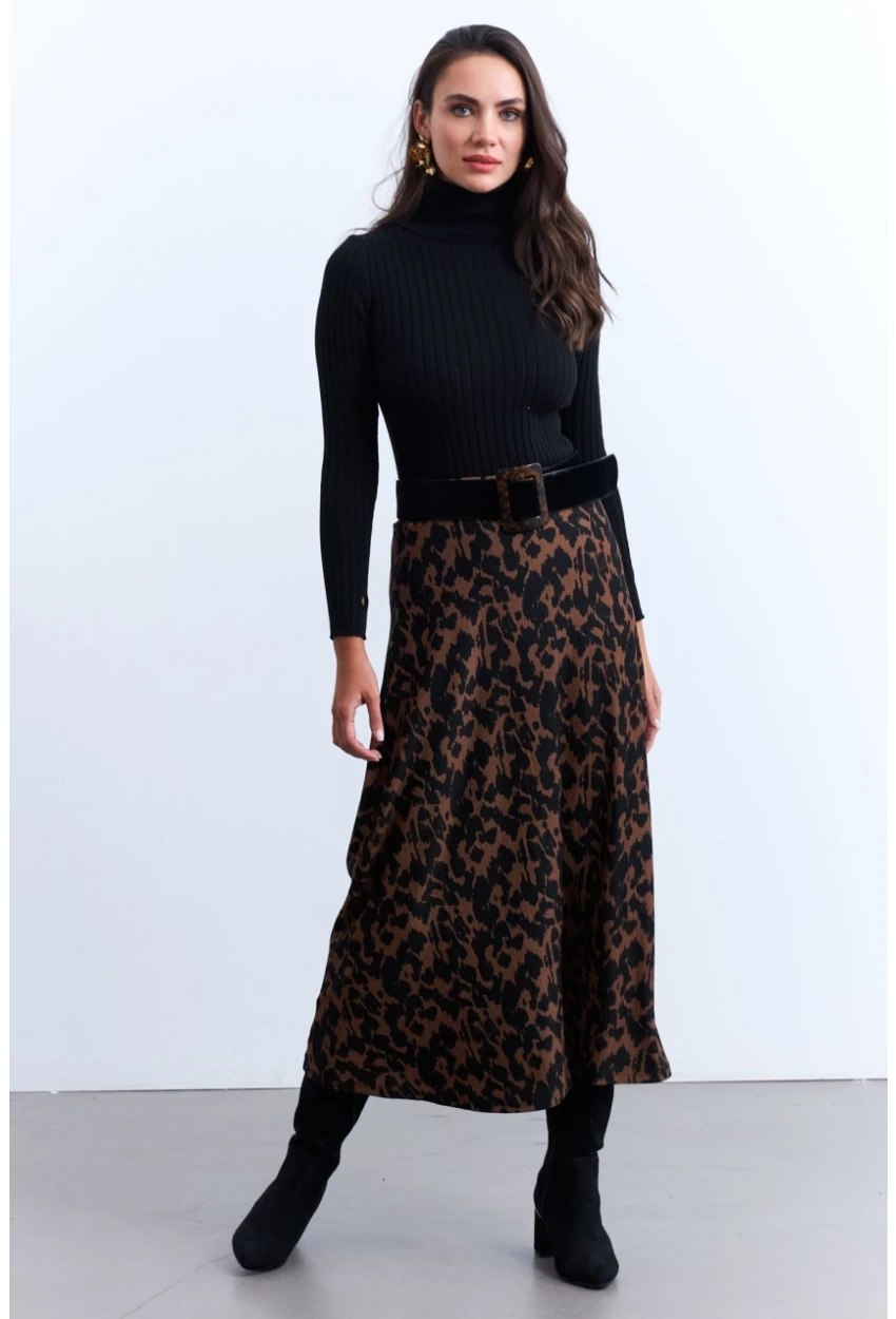 Kadın Camel-Siyah Desenli Çan Etek MLON3007