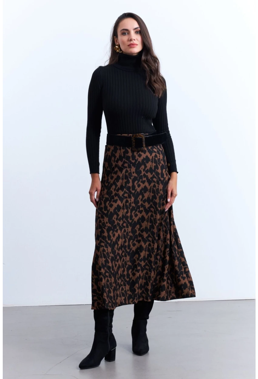Kadın Camel-Siyah Desenli Çan Etek MLON3007