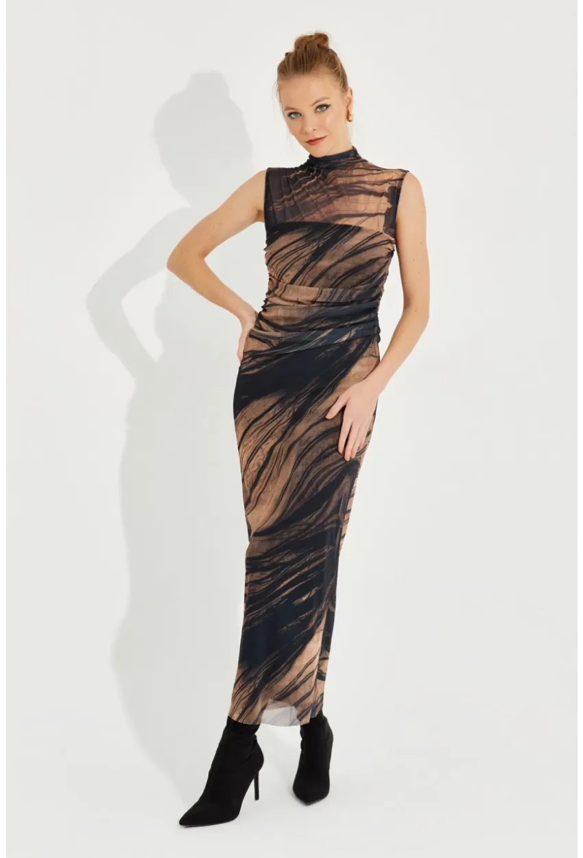 Kadın Camel-Siyah Desenli Maxi Tül Elbise RMZ21181