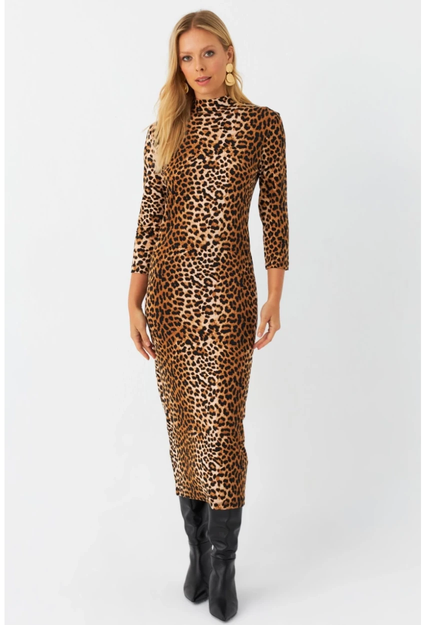 Kadın Camel-Siyah Desenli Midi Elbise MLPP400