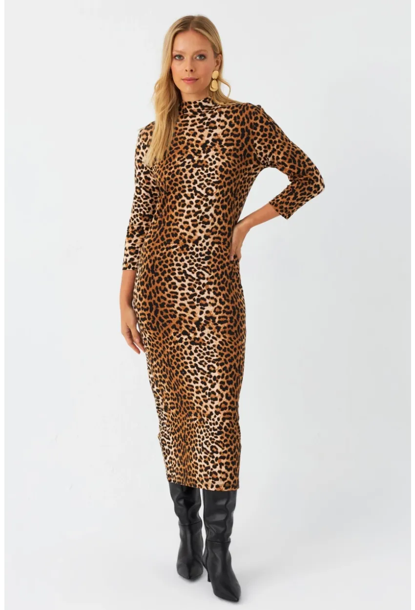 Kadın Camel-Siyah Desenli Midi Elbise MLPP400