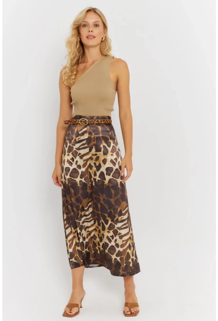 Kadın Camel-Siyah Desenli Saten Etek KED170