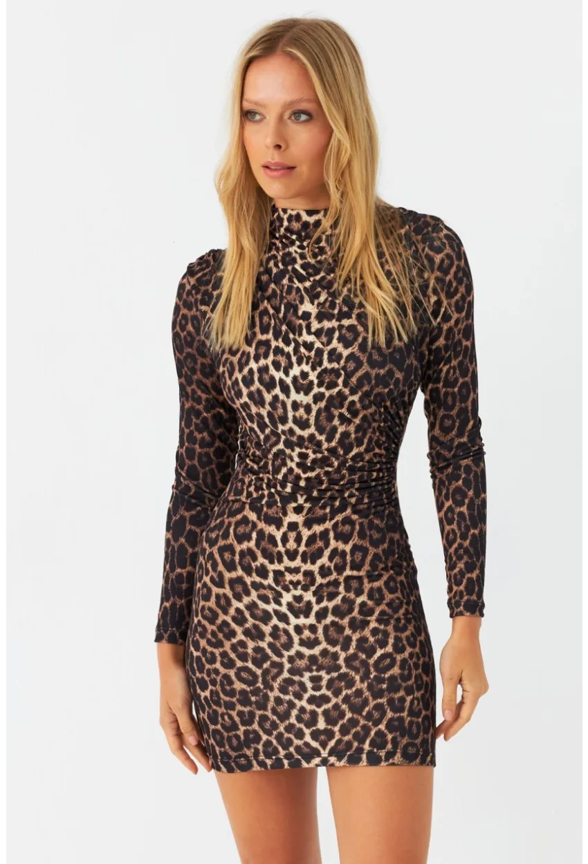 Kadın Camel-Siyah Drapeli Mini Leopar Elbise DMR386