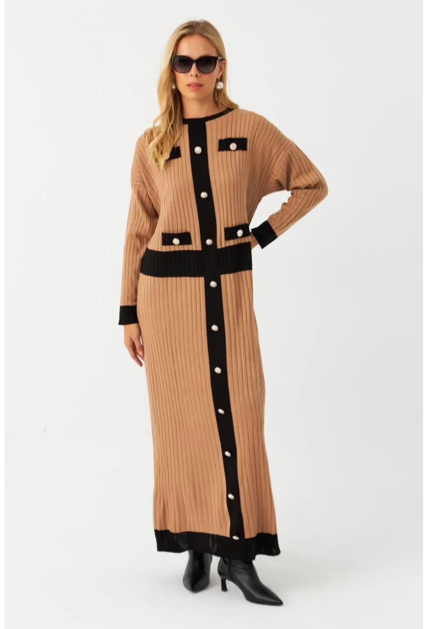 Kadın Camel-Siyah Düğme Detaylı Maxi Elbise MTC3201