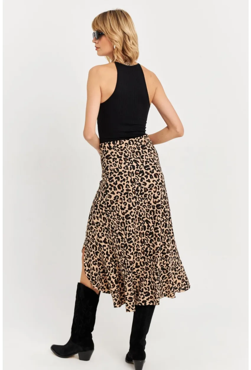 Kadın Camel-Siyah Fırfırlı Asimetrik Leopar Midi Etek LON3011
