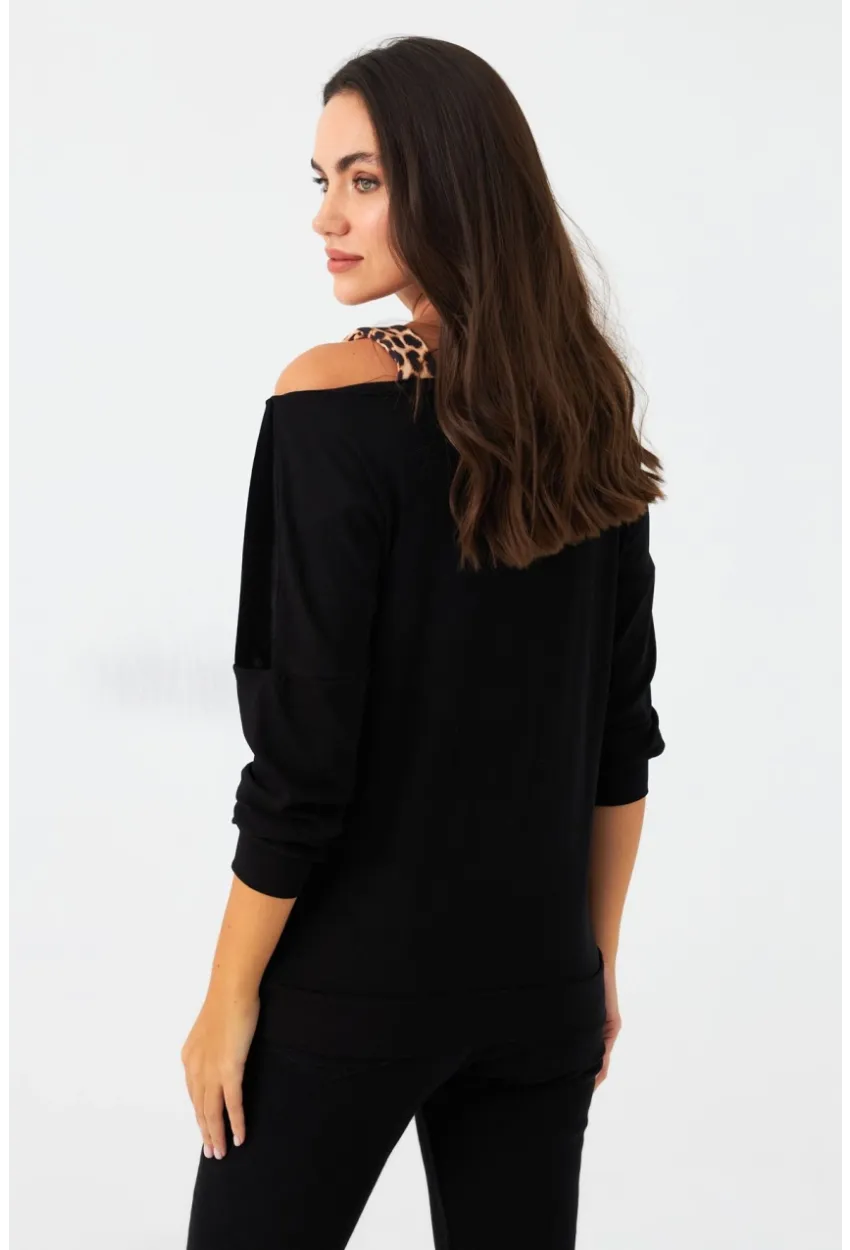 Kadın Camel-Siyah Kadife Bloklu Leopar Desenli Sweatshirt ST097