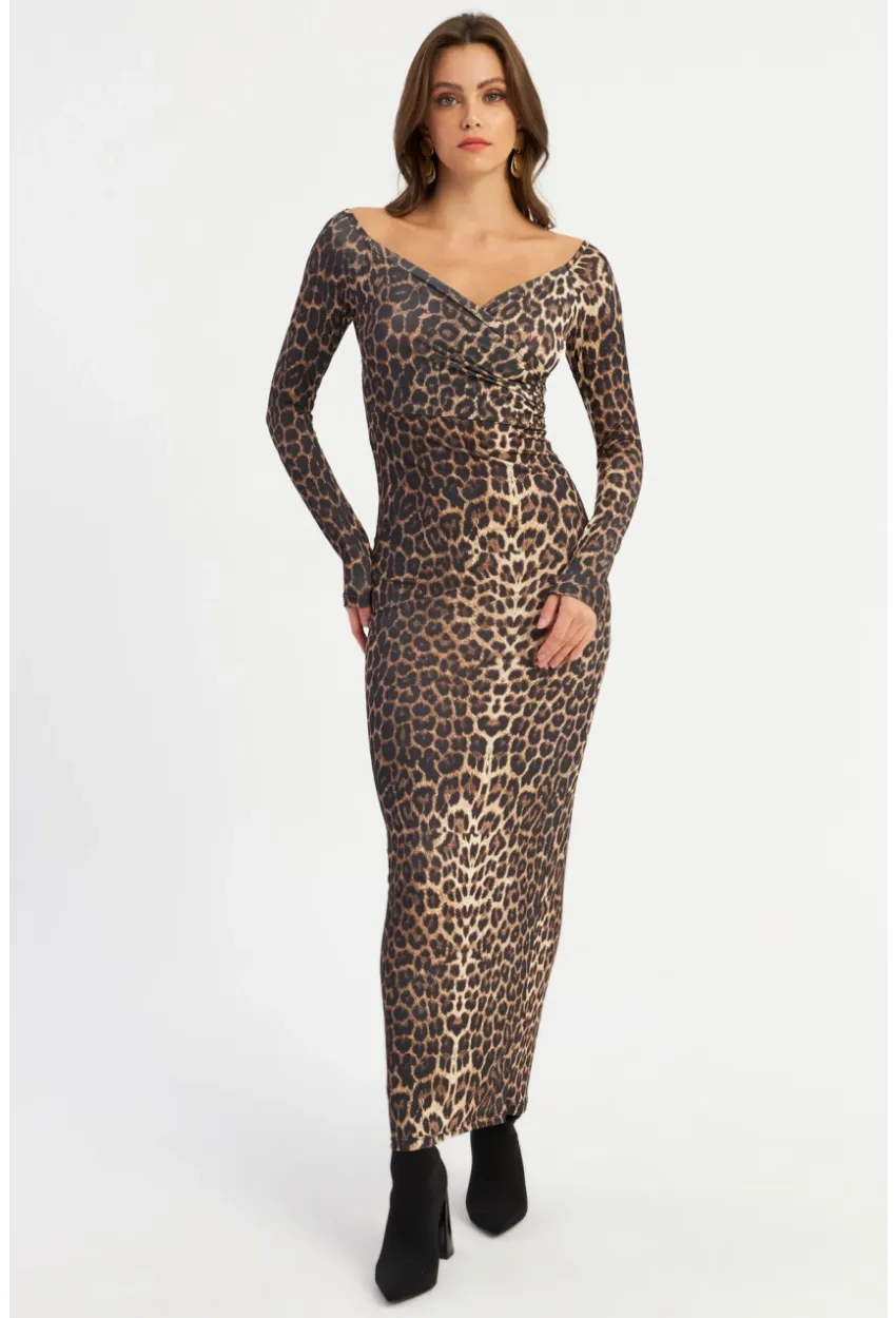 Kadın Camel-Siyah Kruvaze Leopar Maxi Elbise LİK11