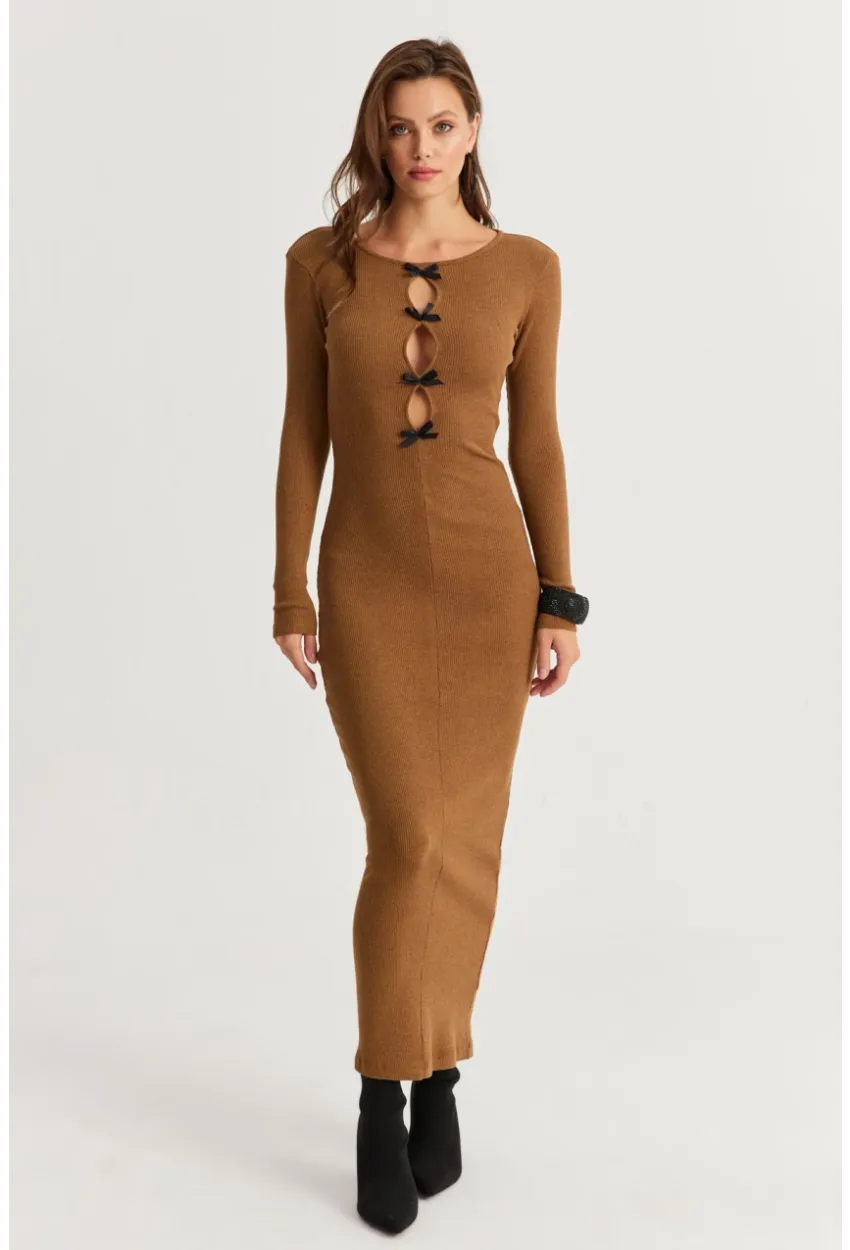 Kadın Camel-Siyah Kurdele Detaylı Kaşkorse Maxi Yılbaşı Elbise XL2043