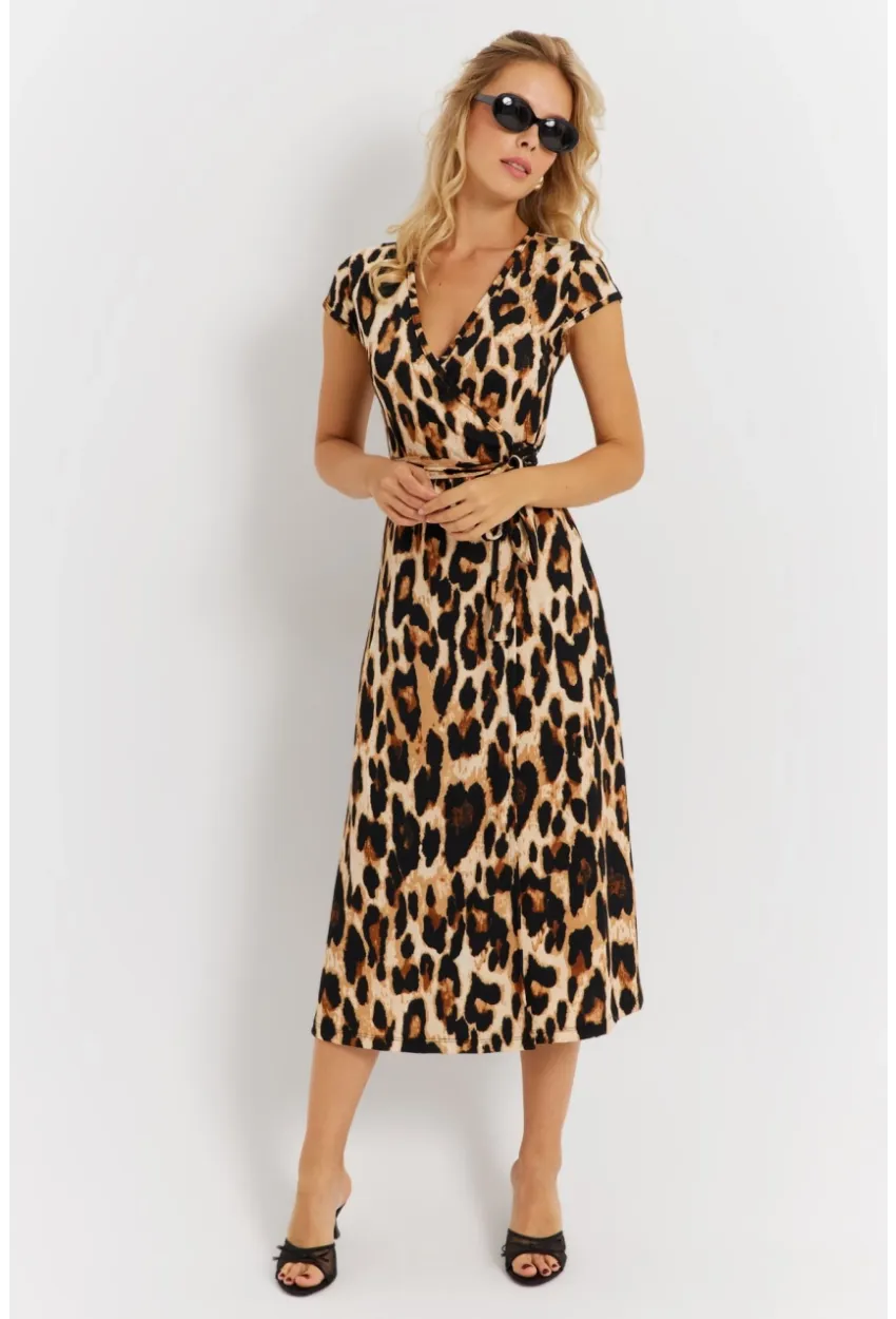 Kadın Camel-Siyah Kuruvaze Bağlamalı Leopar Desenli Midi Elbise EY2896