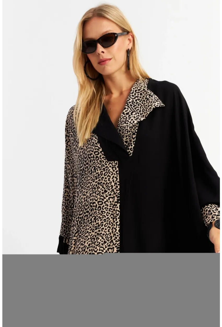 Kadın Camel-Siyah Leopar Bloklu Maxi Elbise MALO15