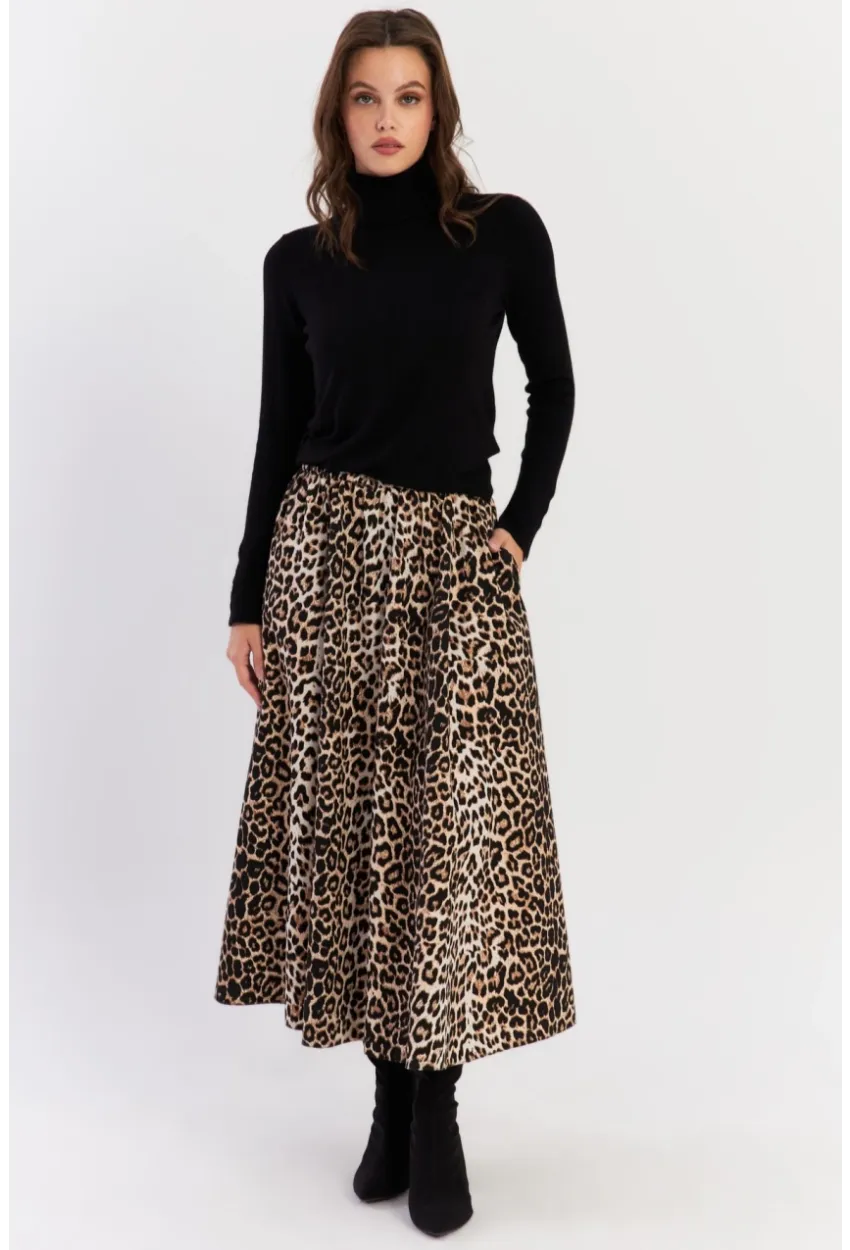 Kadın Camel-Siyah Leopar Çan Etek ELA3951