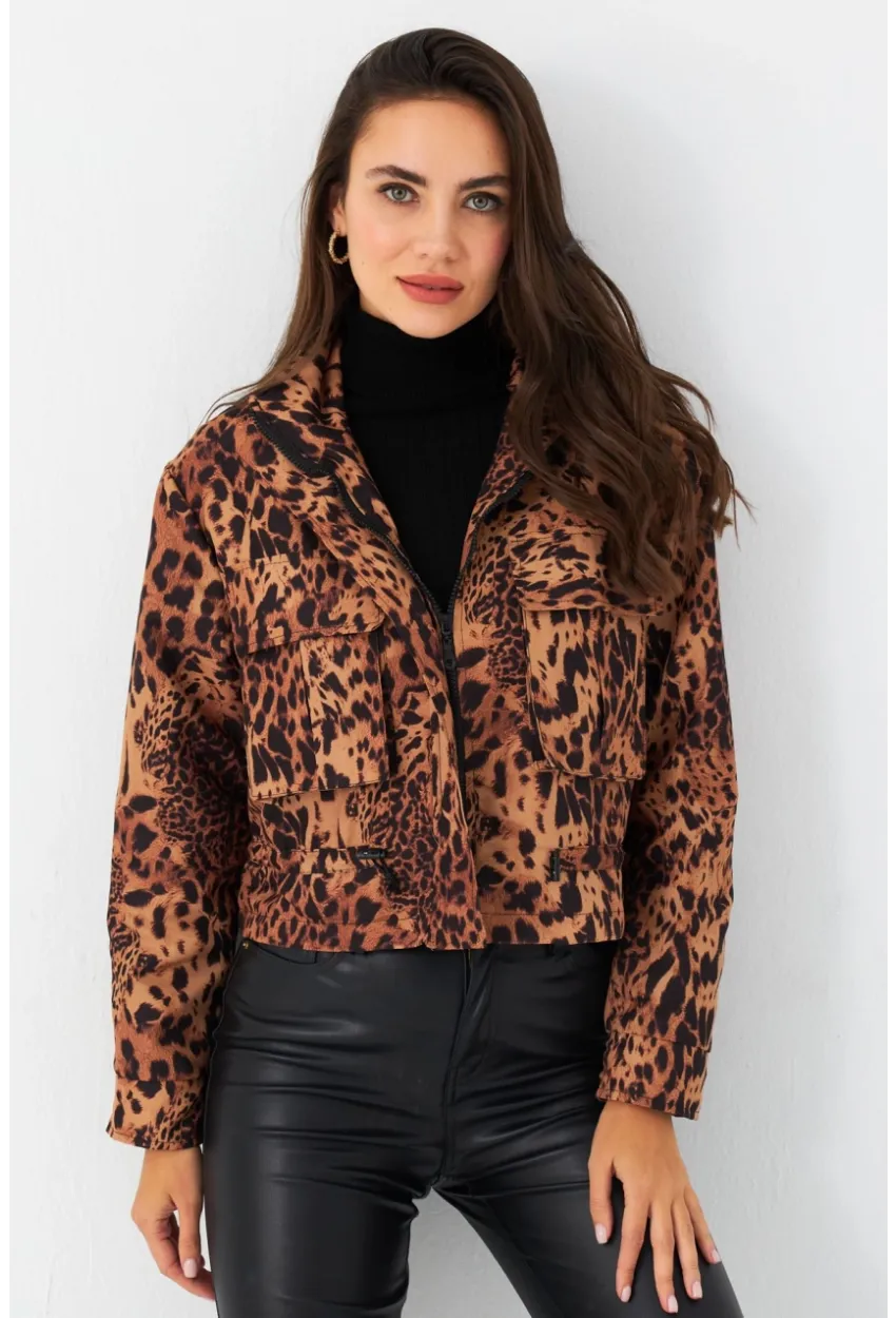 Kadın Camel-Siyah Leopar Crop Ceket ELT1001