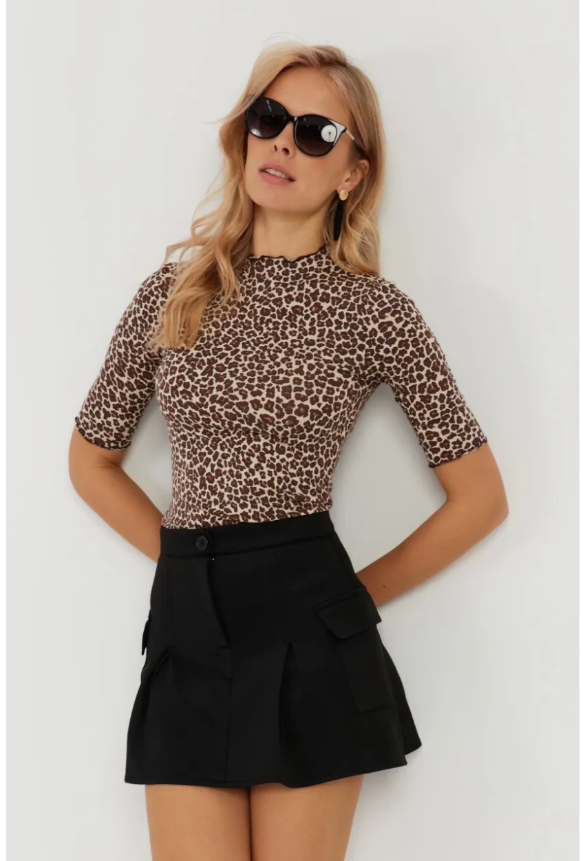Kadın Camel-Siyah Leopar Desenli Bluz LPP1264
