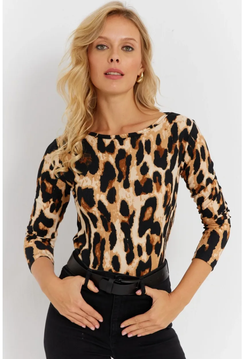 Kadın Camel-Siyah Leopar Desenli Bürümcük Bluz EY2894
