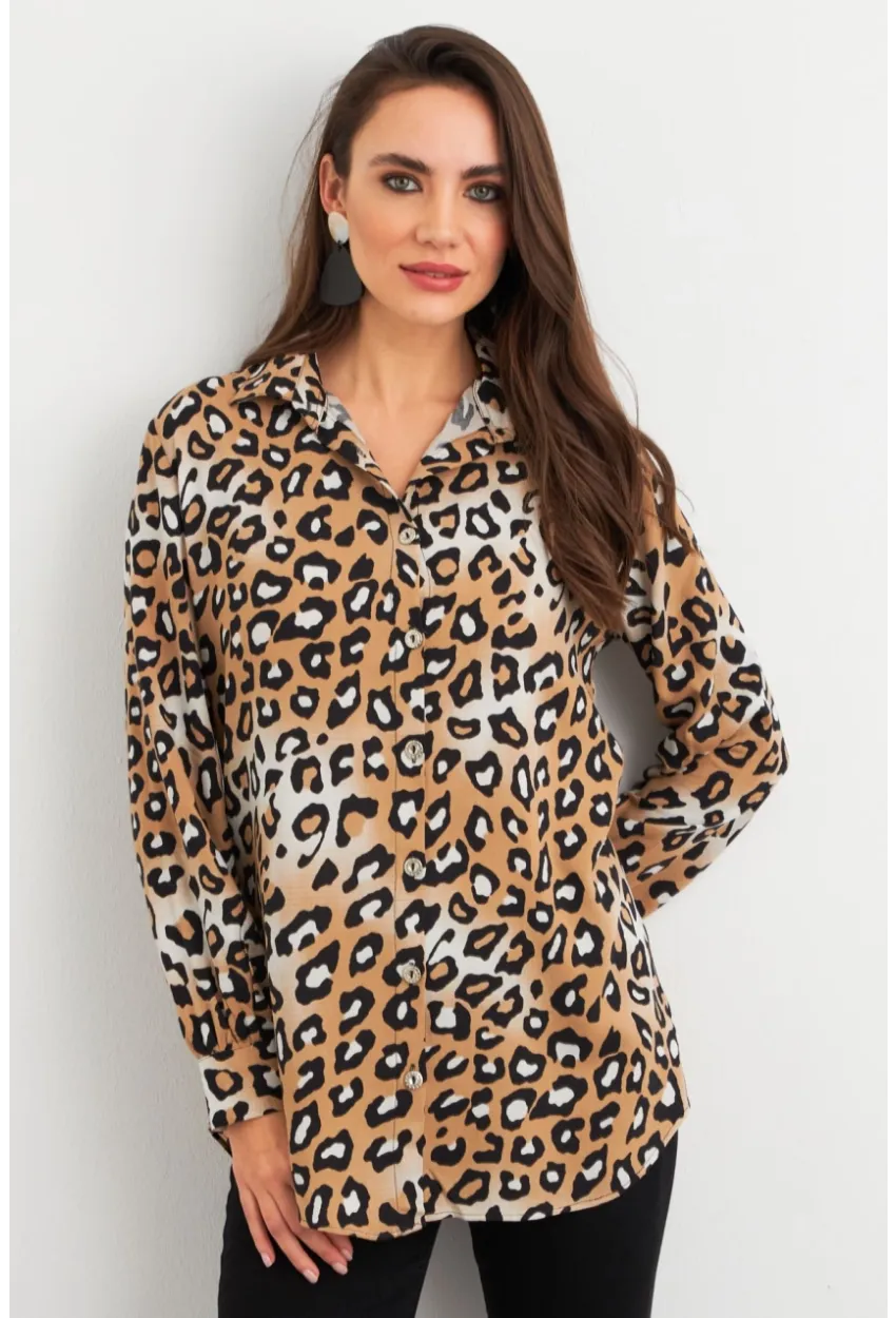 Kadın Camel-Siyah Leopar Desenli Gömlek MASF227