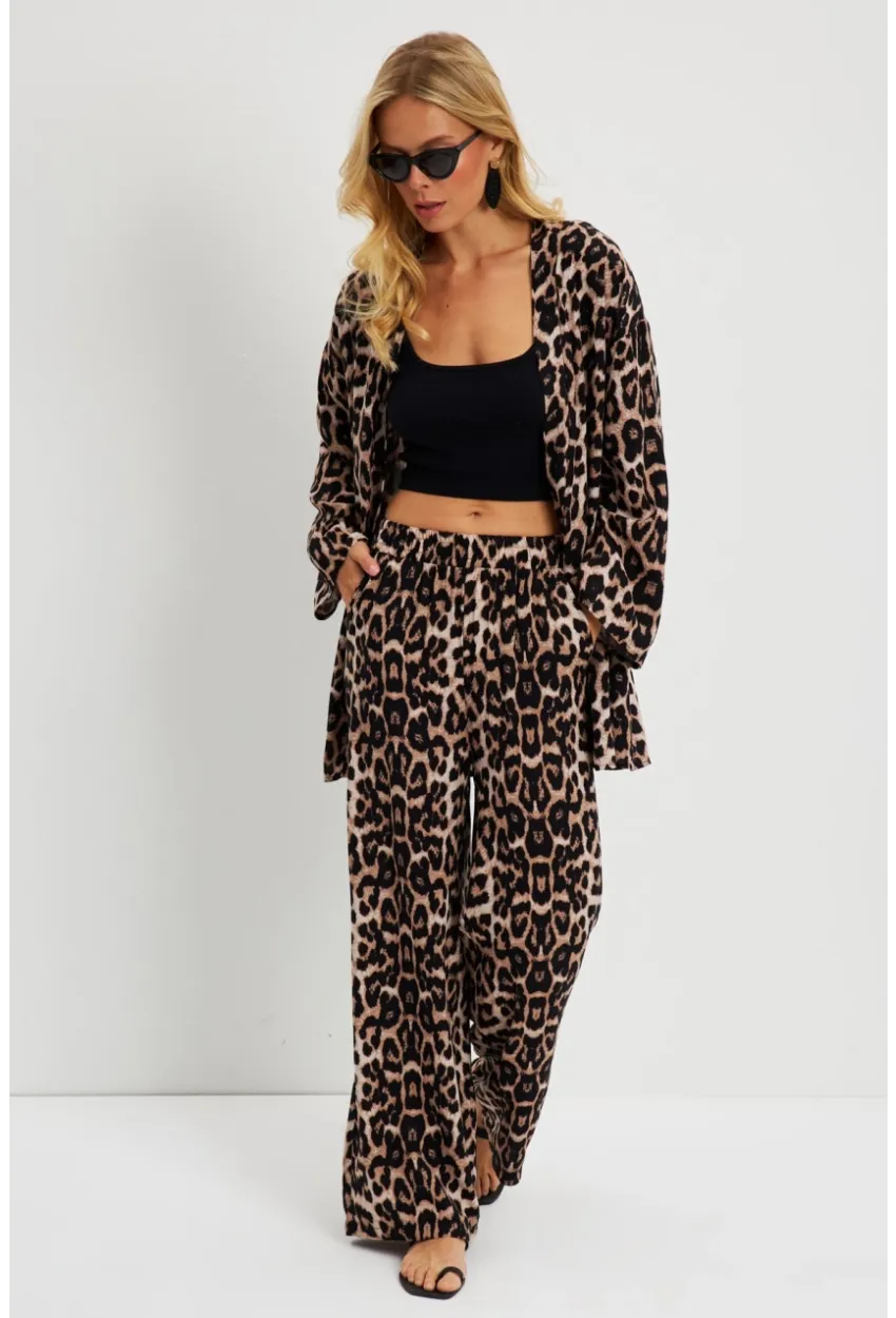 Kadın Camel-Siyah Leopar Desenli Kimono Takım GÇ163
