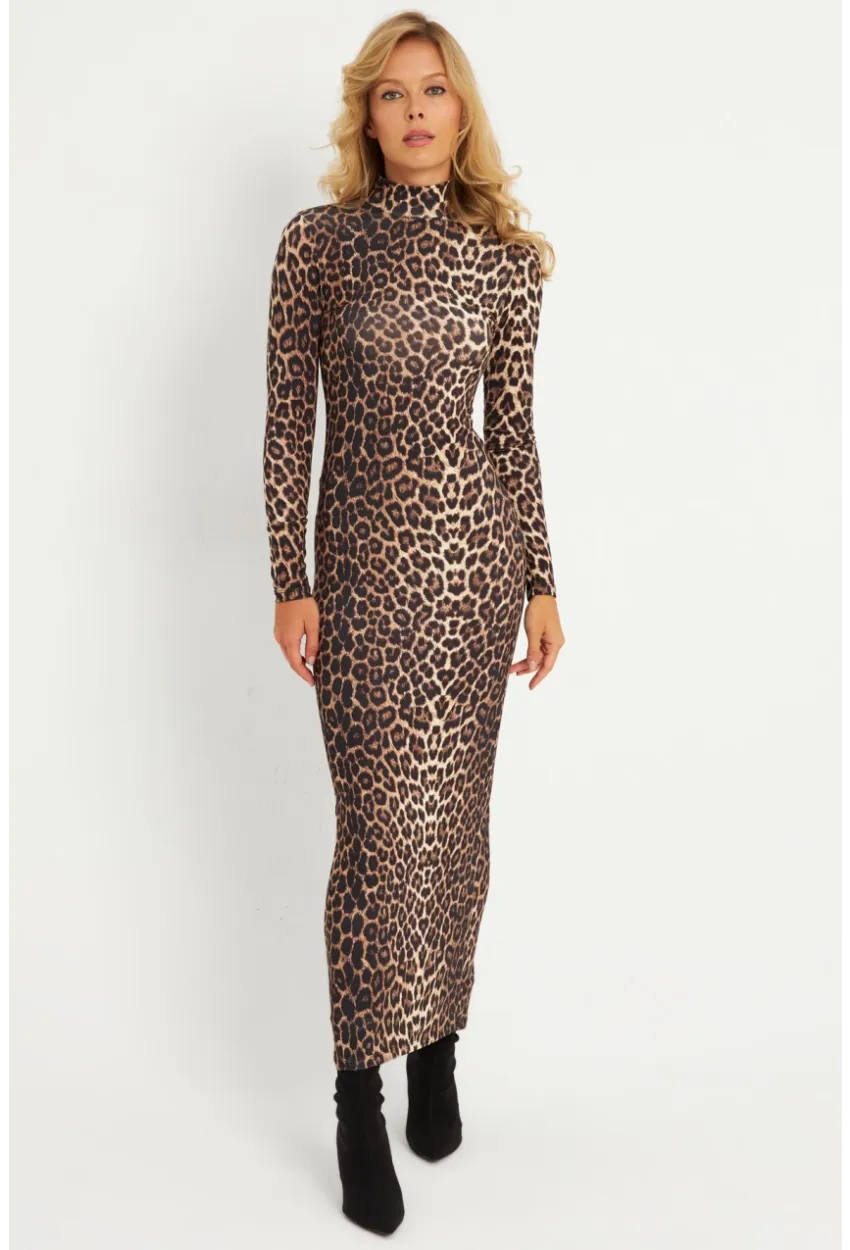 Kadın Camel-Siyah Leopar Desenli Maxi Yılbaşı Elbise LİK07
