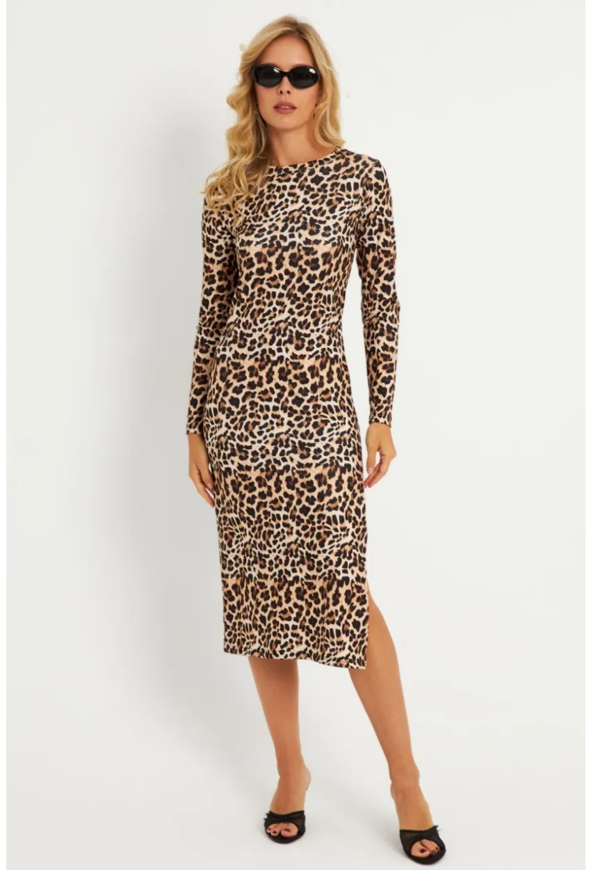Kadın Camel-Siyah Leopar Desenli Midi Elbise YLE31