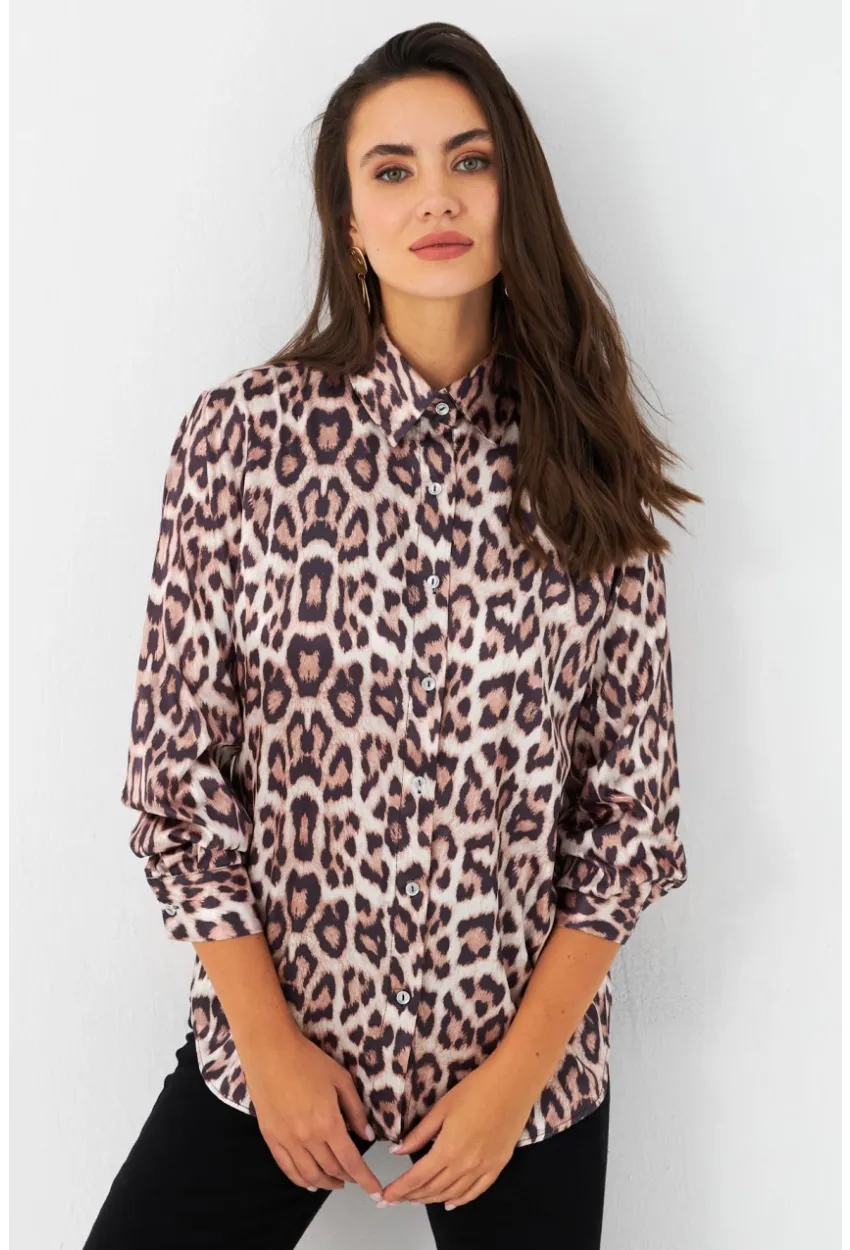 Kadın Camel-Siyah Leopar Desenli Saten Gömlek MRAD5901-1