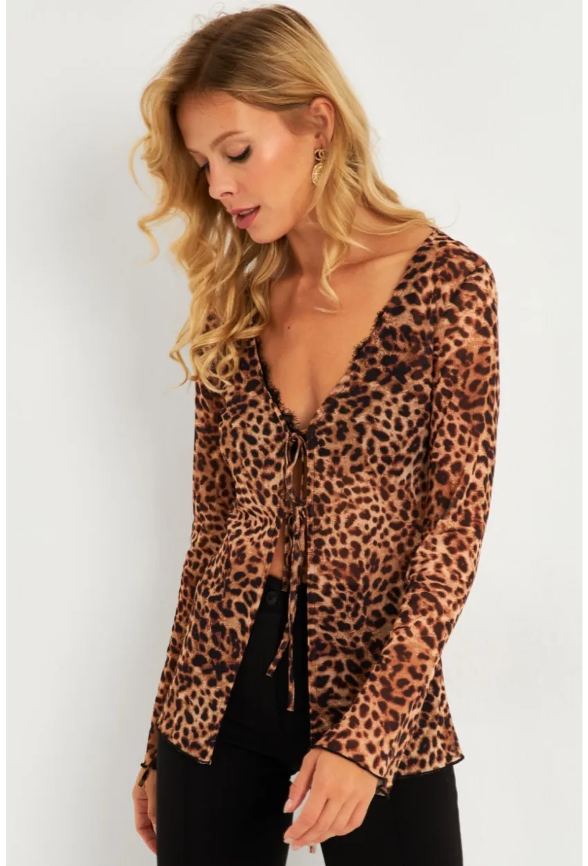 Kadın Camel-Siyah Leopar Desenli Tül  Bluz GÇ175