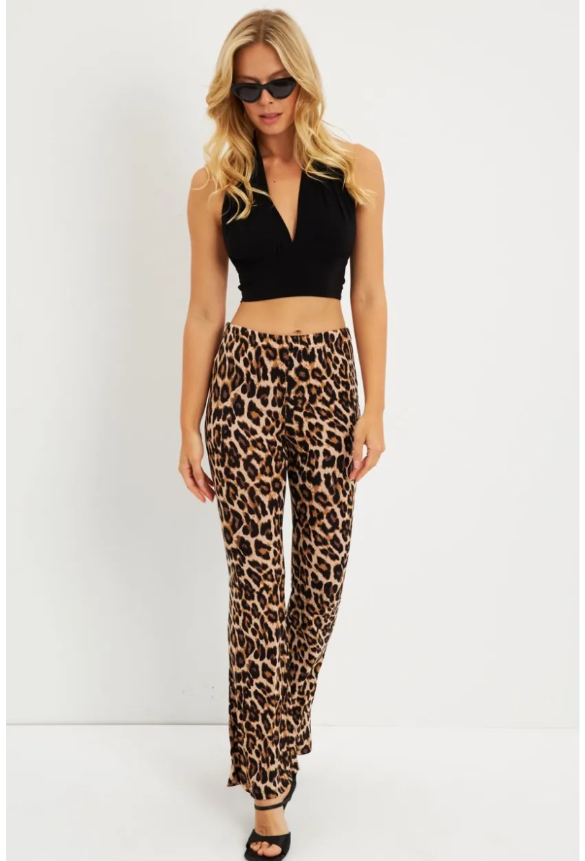 Kadın Camel-Siyah Leopar İspanyol Paça Pantolon LPP1278