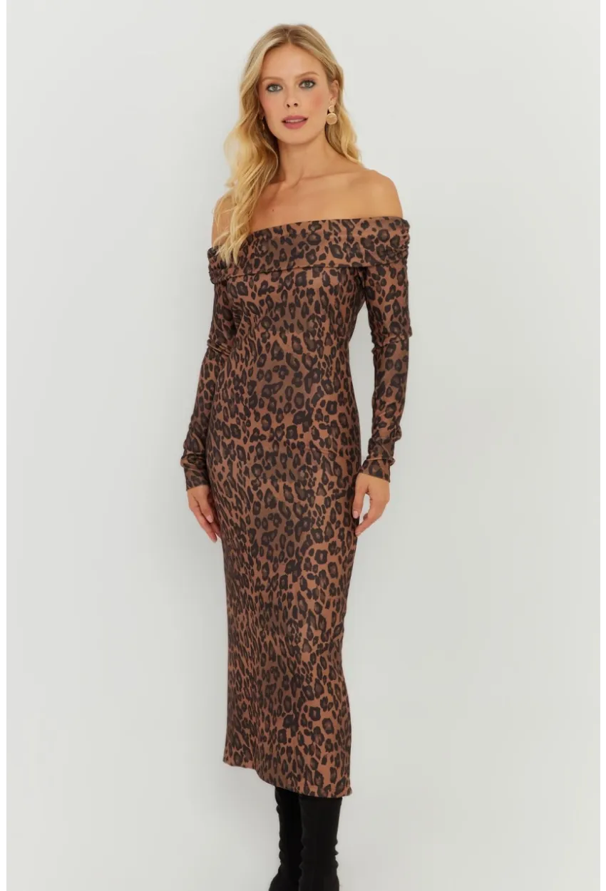 Kadın Camel-Siyah Leopar Madonna Midi Elbise RMZ21254