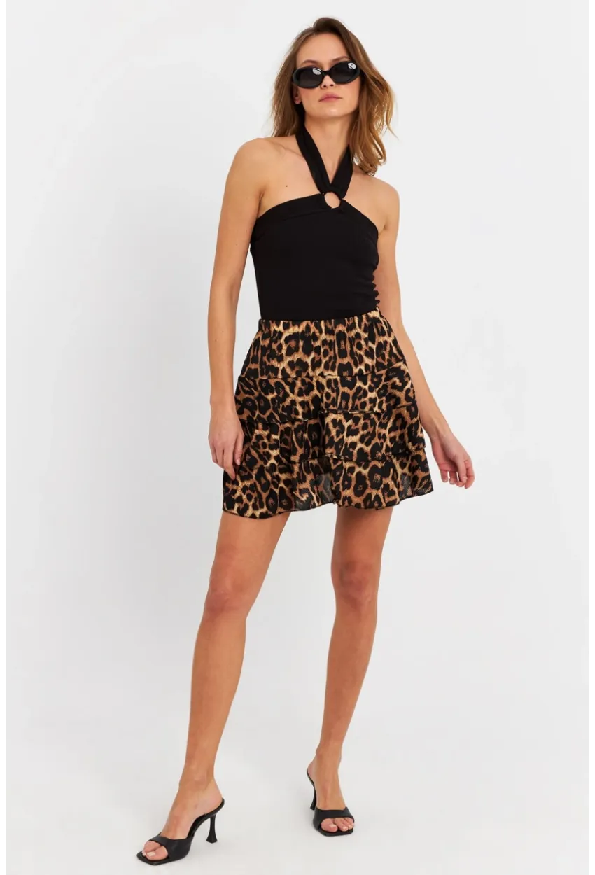 Kadın Camel-Siyah Leopar Mini Etek Q1000