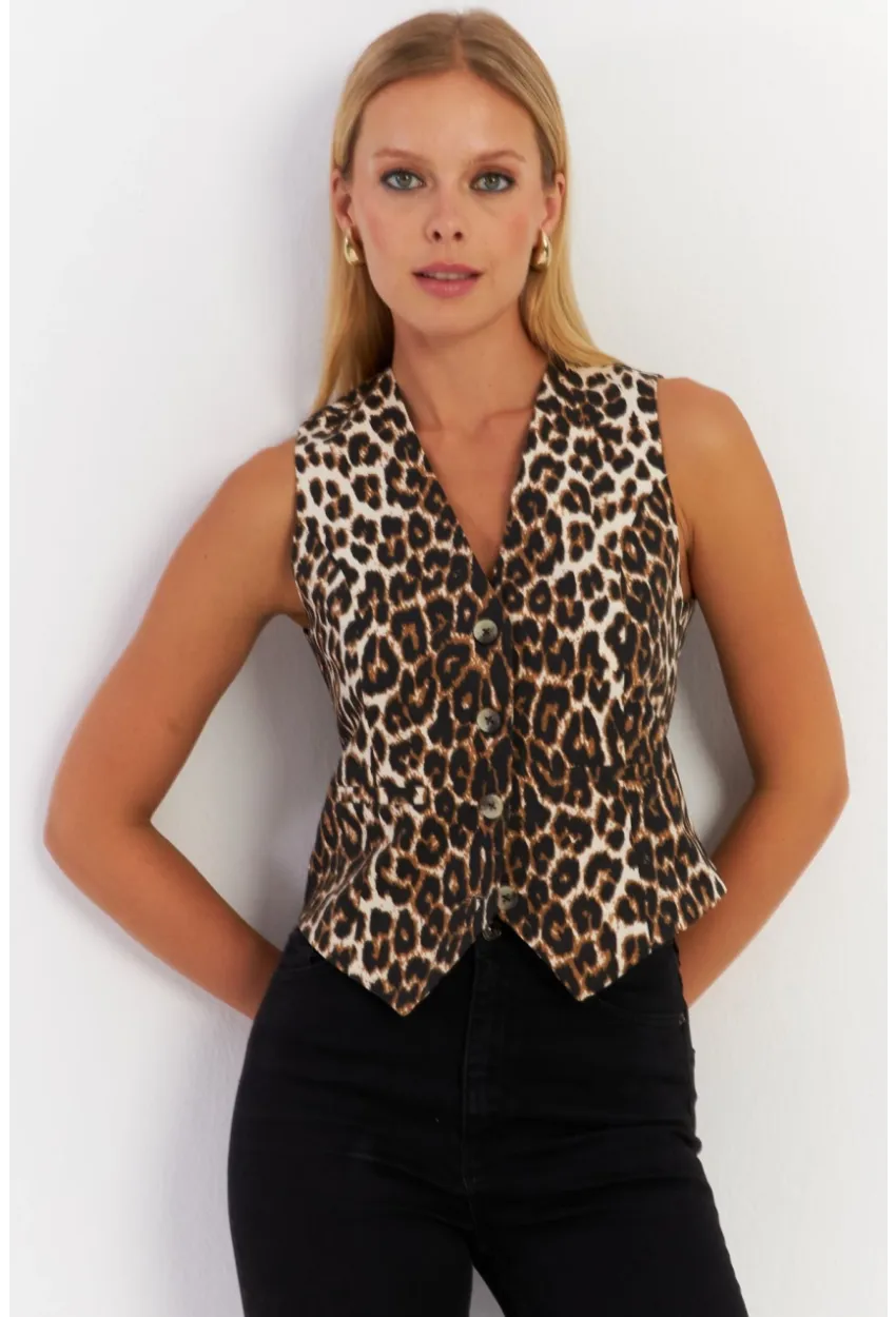 Kadın Camel-Siyah Leopar Yelek TW21